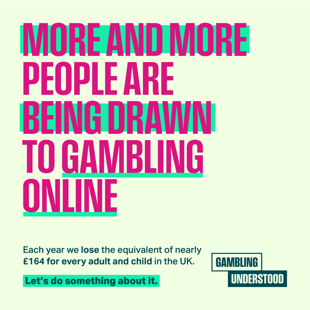 Gambling graphic with the words 'more and more people are being crawn to gambling online'